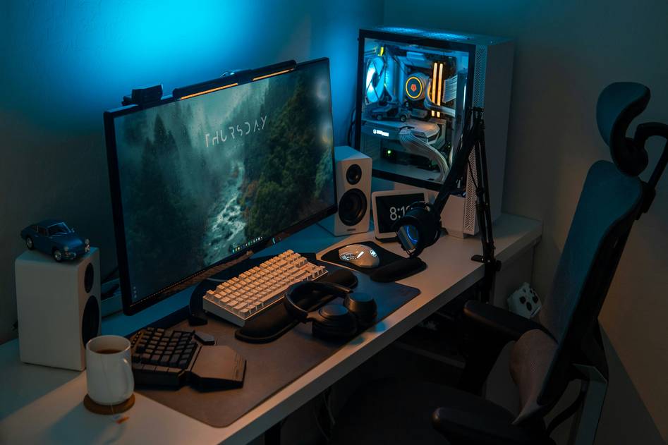 Sleek VR controllers glowing in dark gaming setup